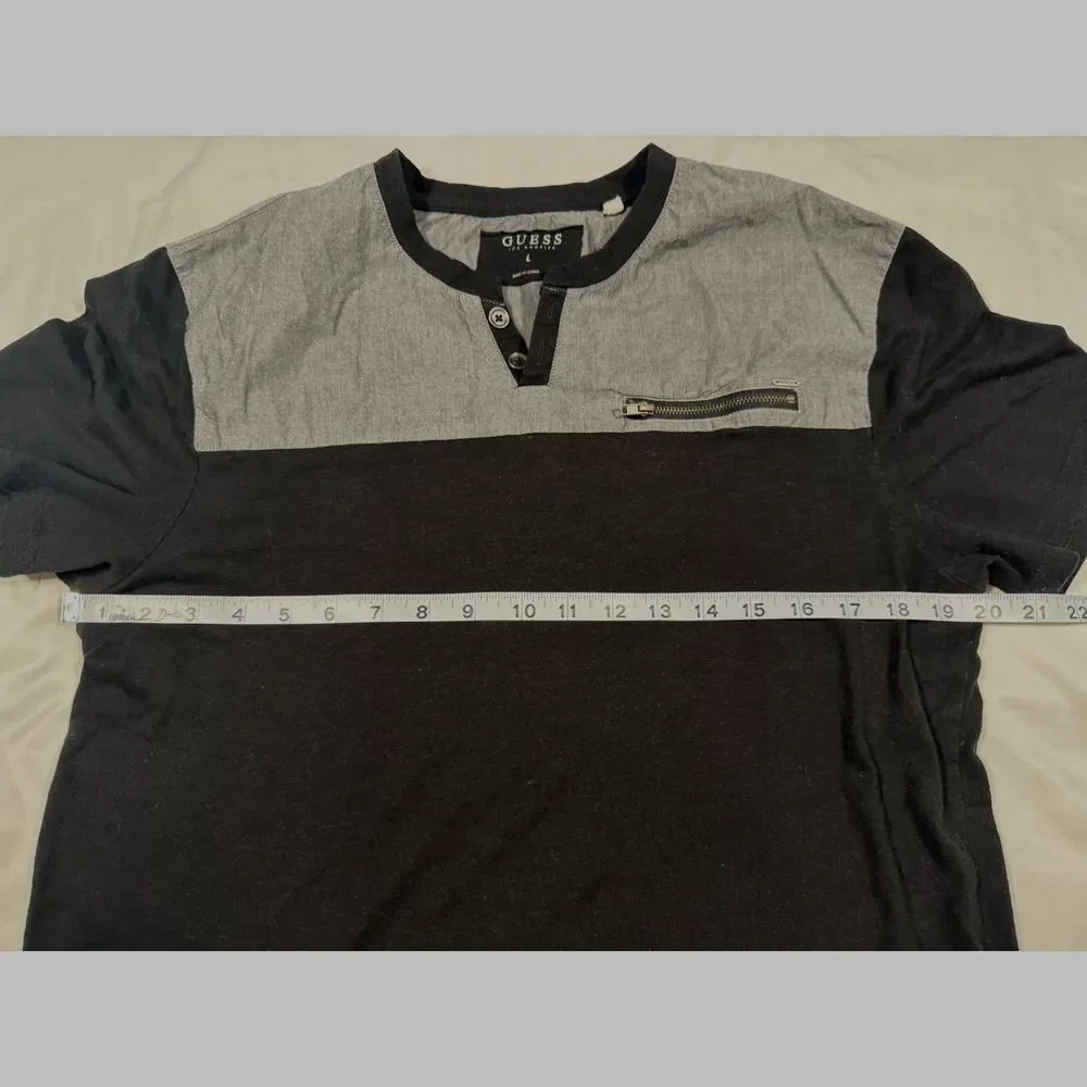 GUESS Men L Colorblock Henley Short Sleeve T-Shirt Black Grey Faux Zip Pocket - Picture 5 of 6
